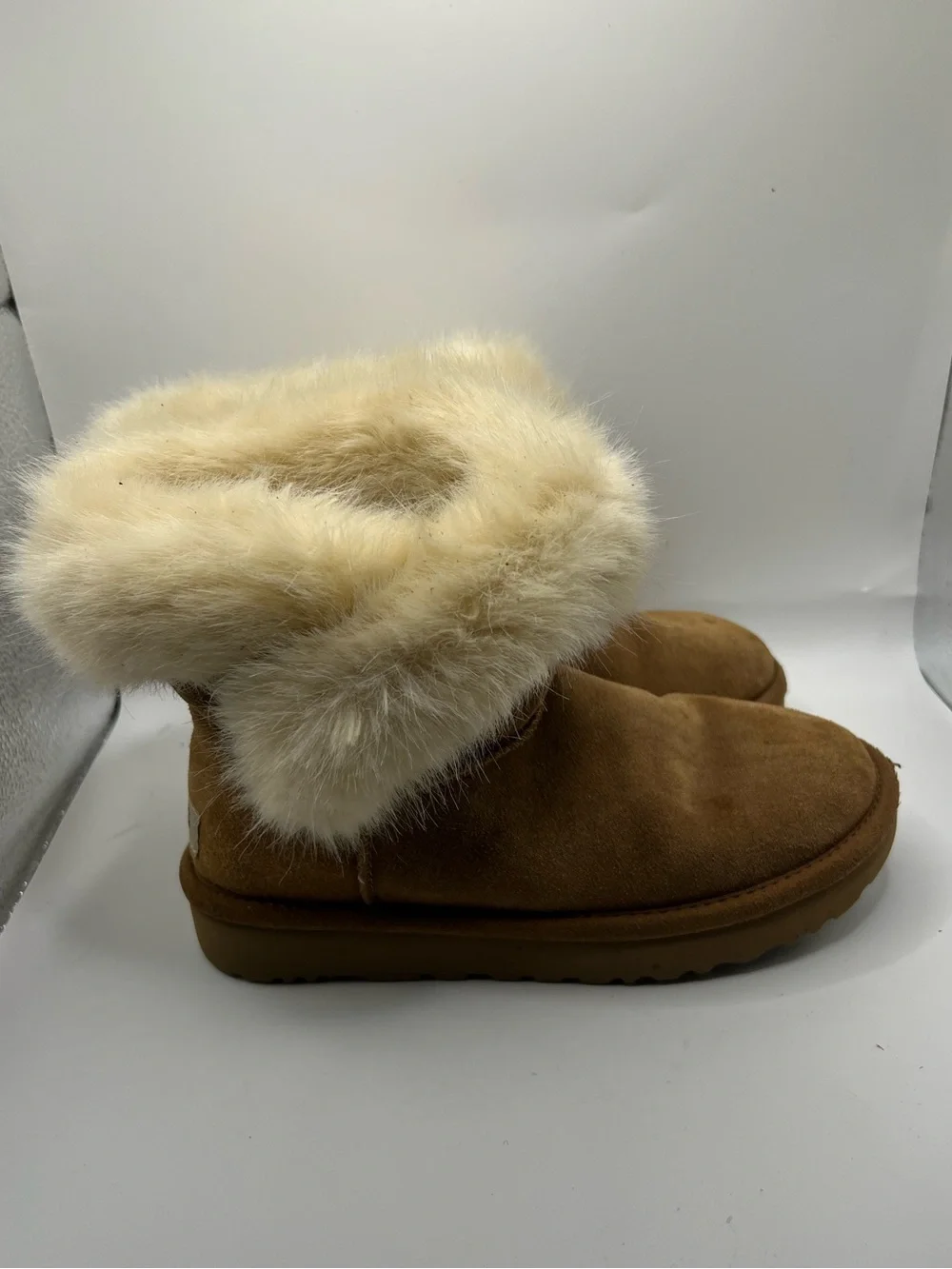 UGG Chestnut Suede Ankle Boots with Cream Faux Fur Cuff